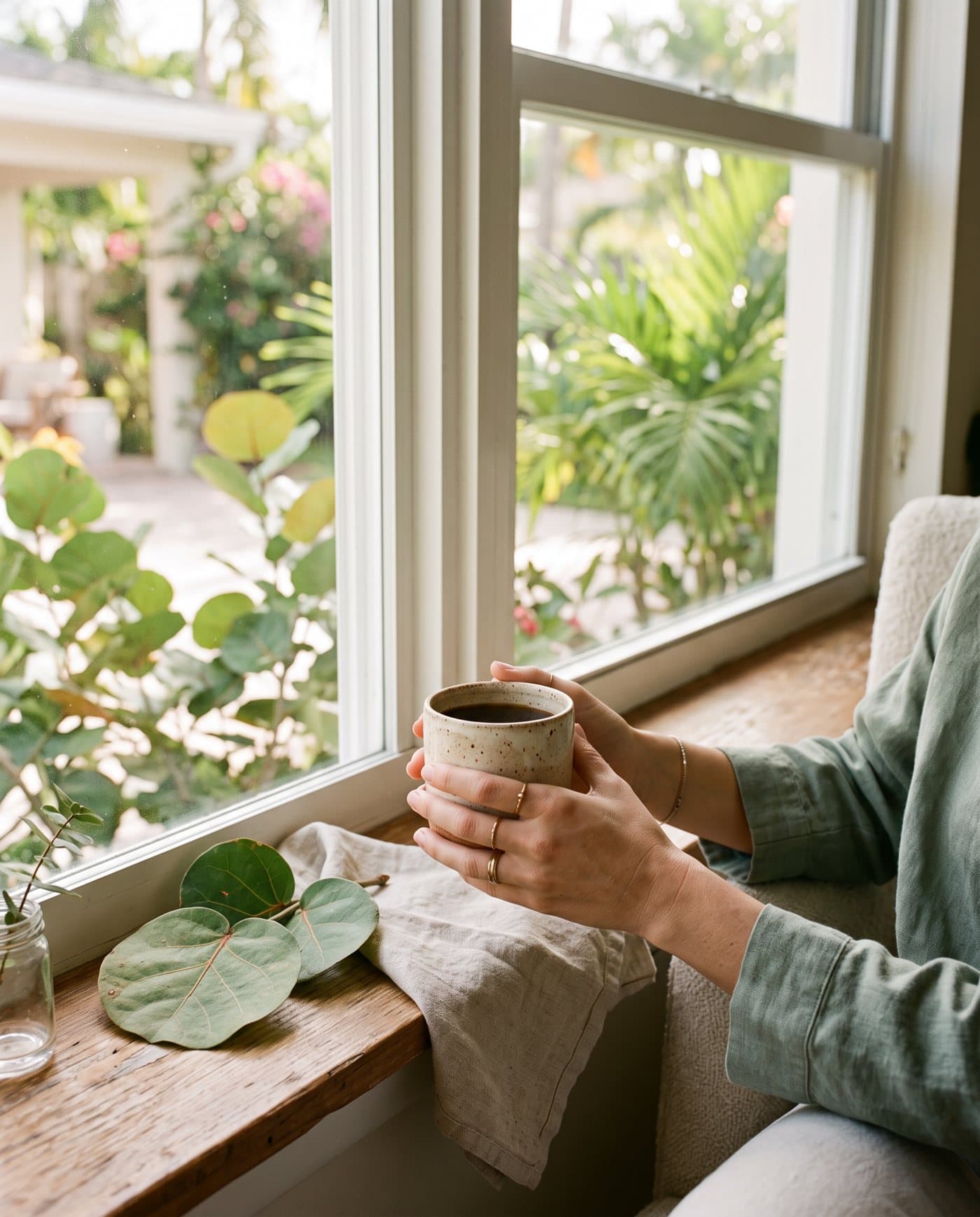 Hands wrapped around a warm mug by a sunlit window