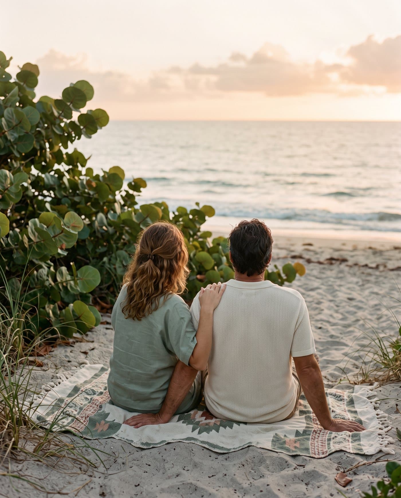 Two people sitting side by side on a South Florida beach at golden hour