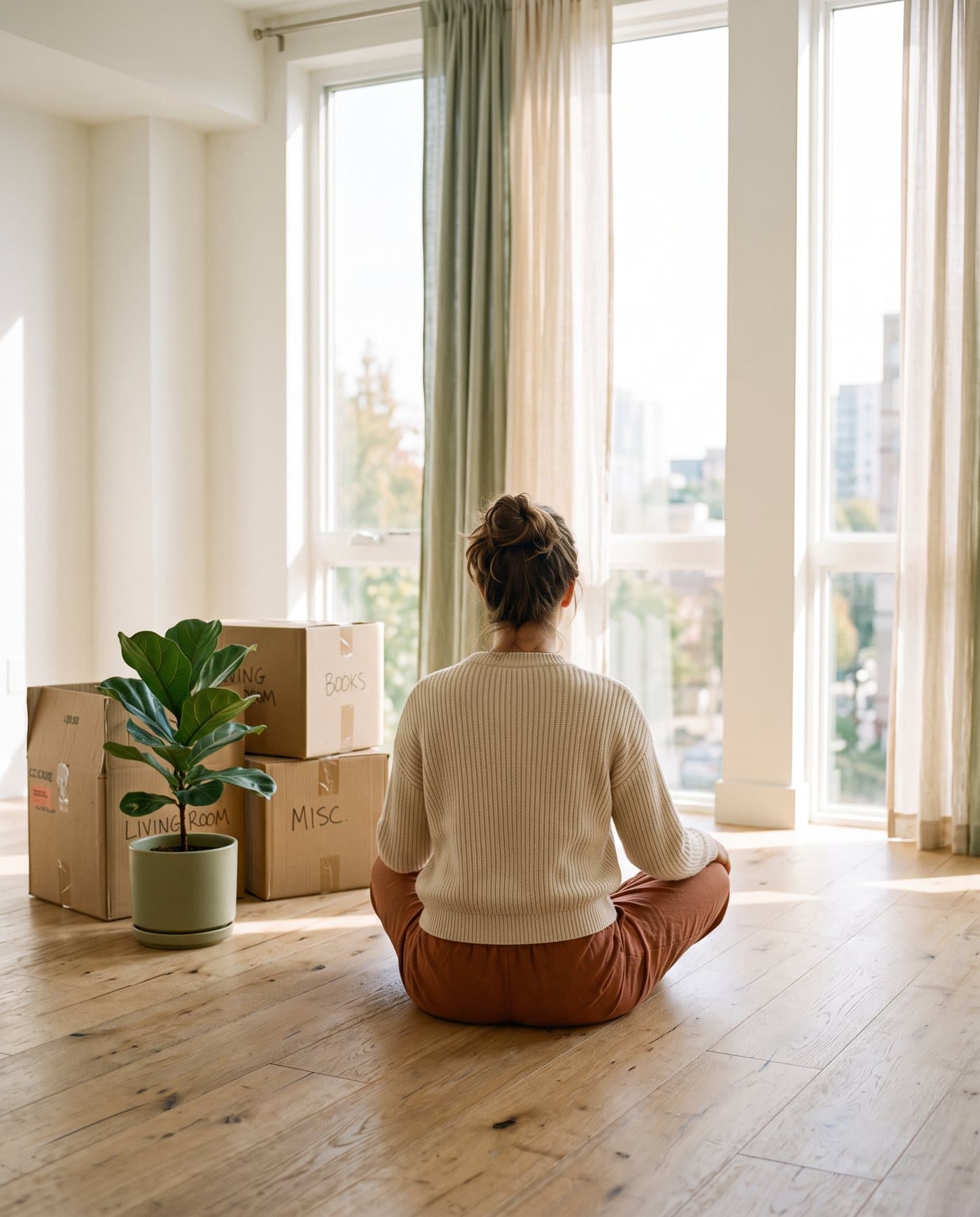 A woman sitting on the floor of a bright new apartment beside moving boxes